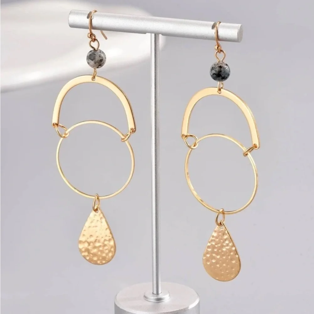 Geometric Gold Metal & Stone Statement Earrings